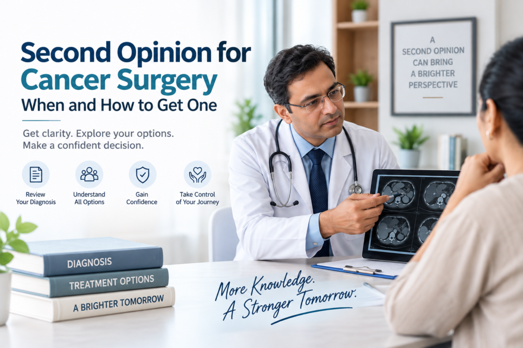 Patient considering a second opinion for cancer surgery while discussing diagnosis, treatment options, risks and robotic surgery with a specialist
